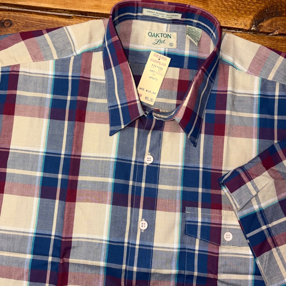 Vintage Oakton Ltd Shirt Men XL Multicolor Plaid SS Button 1980s Sears NEW